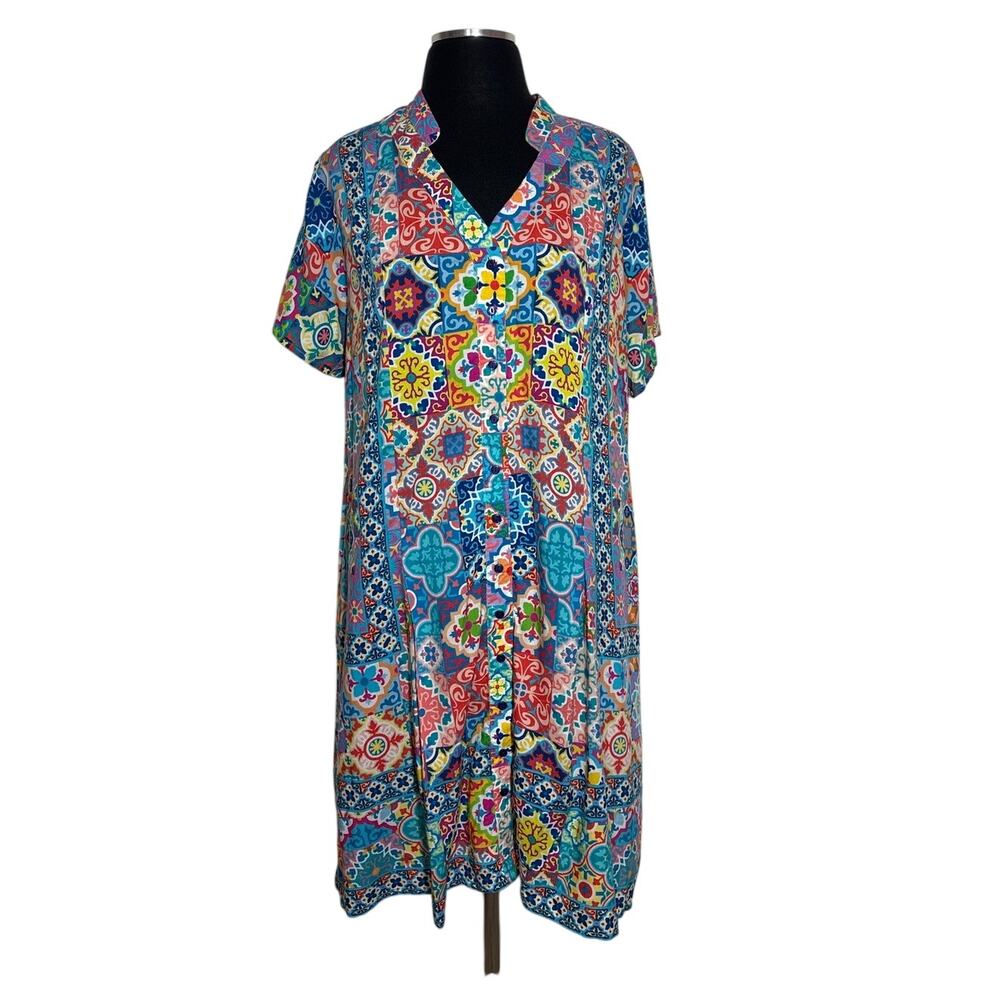 Tolani Collection Mosaic Tile Print Button Front Dress Multicolor Boho Shift L